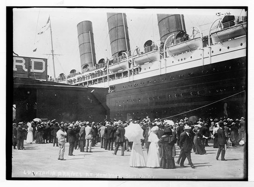 LUSITANIA - arriving in New York City; close-up of starboard side at dock; crowd Broad category or subject: Ships.on dock], Photo Bain Coll.