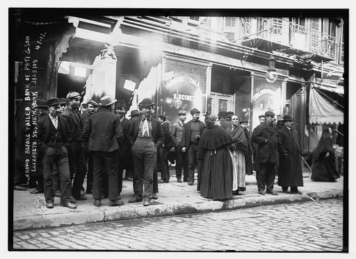 Photograph shows a crowd before failed bank of Pati & Son, Elizabeth St., New York