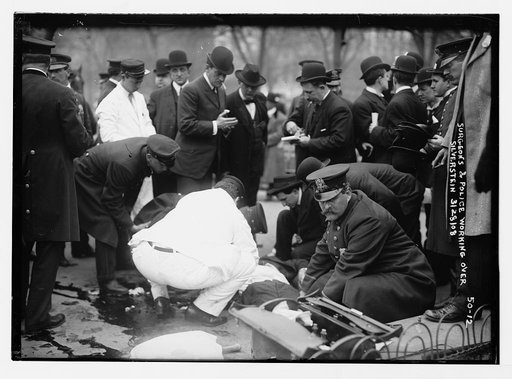Surgeons and police working over Silverstein at anarchist riot, Union Square, New York
