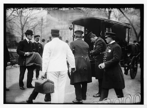 Policeman put Silverstein in horse-drawn ambulance at anarchist riot, Union Square, New York