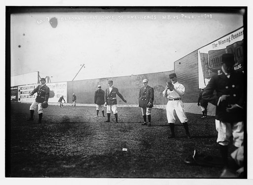 Opening Day at Hilltop Park, NY;  NY Highlanders (AL) & Phila. Athletics warming up (baseball)
