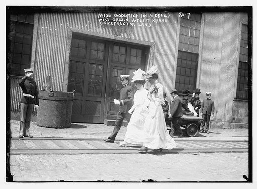 Miss Green, Miss Goodrich (in middle), and Asst. Naval Constructor Land, saluting officer, Brooklyn, N.Y.