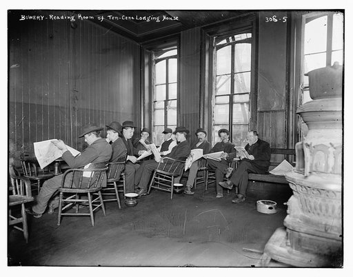 Bowery: Reading room of 10 cent Lodging House