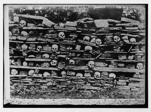 Skull shelf of head hunter, Formosa