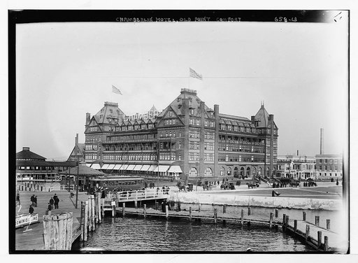 Old Point Comfort, view of Chamberlin Hotel from wharf