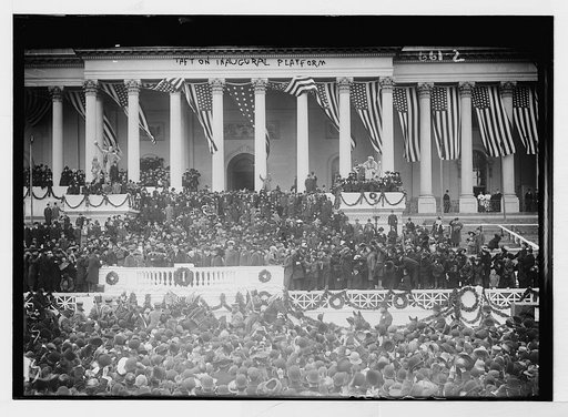 Taft on Inaugural platform, flag-bedecked podium