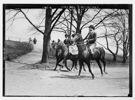 Mrs. Owen and two instructors, horseback riding in park