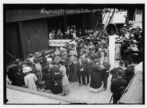 Departure of pilgrims to Rome, crowd at boat docks, New York