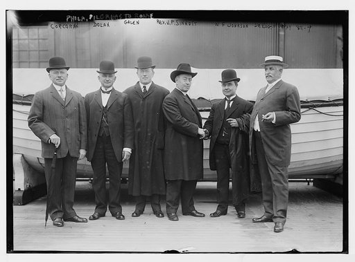 Pilgrims from Philadelphia leaving for Rome: Corcoran, Dolar, Galen, Rev. J.P. Sinnott, W.F. Johnson, Dr. Eug. Murphy, at boat, New York