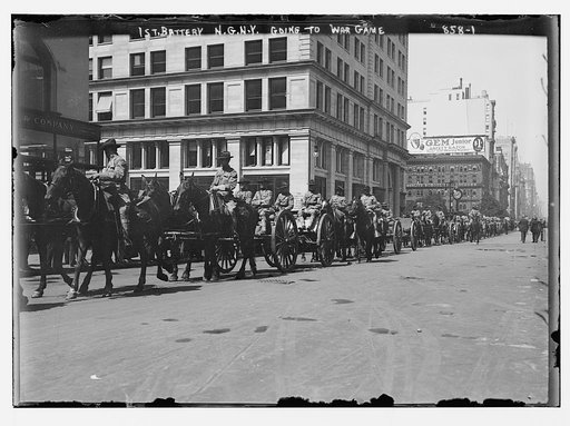 1st Battery, in carts and on horse-back, going to war game, New York
