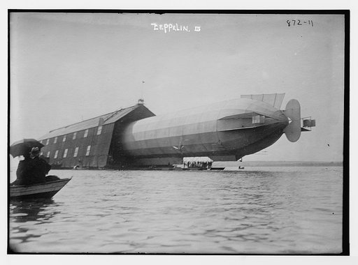 Blimp, Zeppelin No. 3, in shed, seen from water