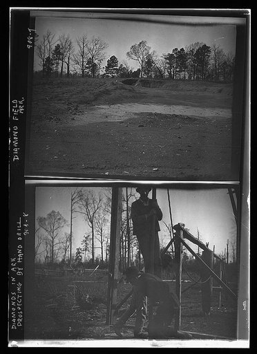 Prospectors using hand drill looking for diamonds, Arkansas