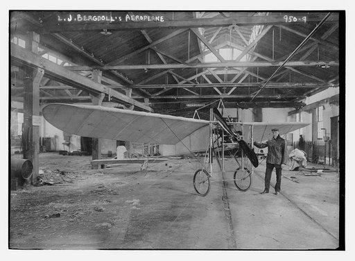 L.G. Bergdoll's aeroplane in hangar