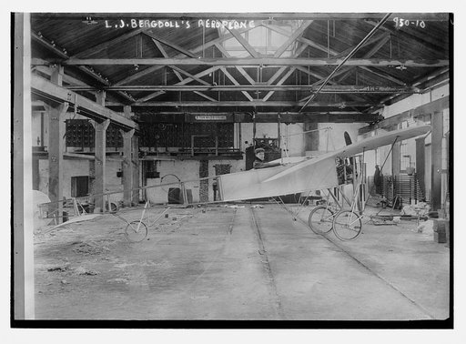 L.J. Bergdoll's aeroplane in hangar