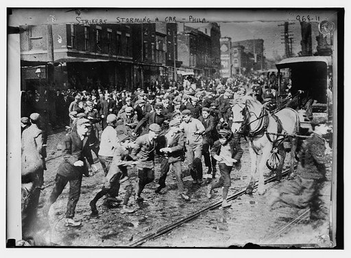 Strikers storming horse-drawn car, Philadelphia
