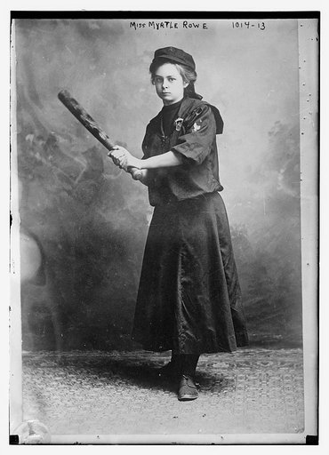 Miss Myrtle Rowe holding a baseball bat