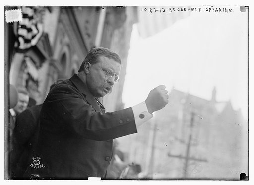 T. Roosevelt speaking, gesticulating with fist, outside, Yonkers, NY