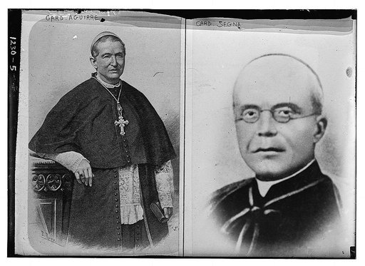 Cardinal Aquirre, three quarter, left photo; Cardinal Segna, head, right half of negative