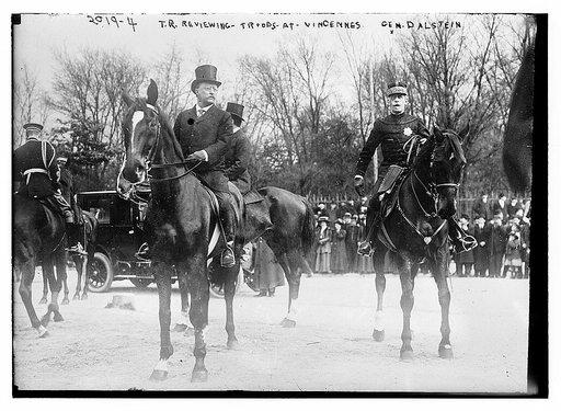 T.R. [Theodore Roosevelt] reviewing troops in Vincennes. Gen. Dalstein [on right
