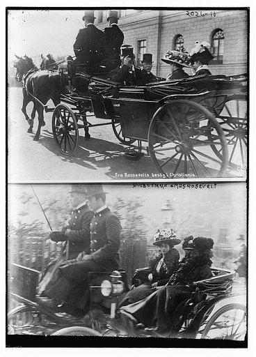 Queen Emma and Mrs. Roosevelt; Top frame: both in a carriage moving away from the photographer.; Bottom frame: carriage moving alongside photographer