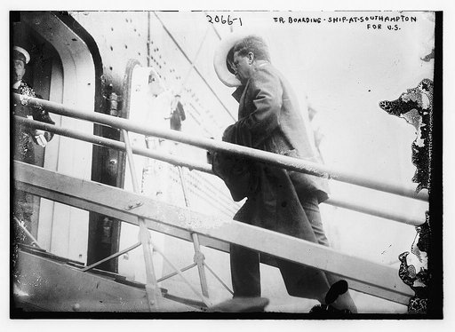 T.R. [Theodore Roosevelt] boarding ship at Southampton for the US