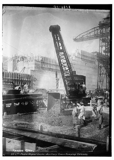 Pedro Miguel locks. Auxillary crane dumping concrete, Panama Canal.
