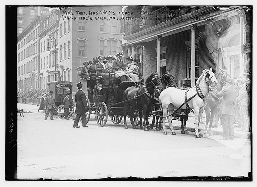 Mrs. Thos. Hastings's coach leaves Colony Club. 5/10/11. Mrs. A. Iselin, whip, Mrs. Hastings beside her, Mrs. W.G. Loew between
