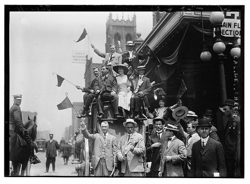 California delegates cheering on stagecoach at the 1912 Republican National Convention held at the Chicago Coliseum, Chicago, Illinois, June 18-22, 1912