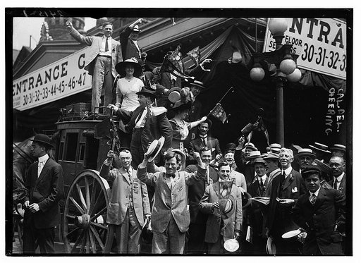 California delegates cheering on stagecoach at the 1912 Republican National Convention held at the Chicago Coliseum, Chicago, Illinois, June 18-22, 1912
