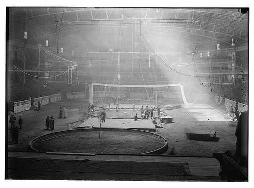 Interior of Madison Square Garden, New York City, preparing for circus week