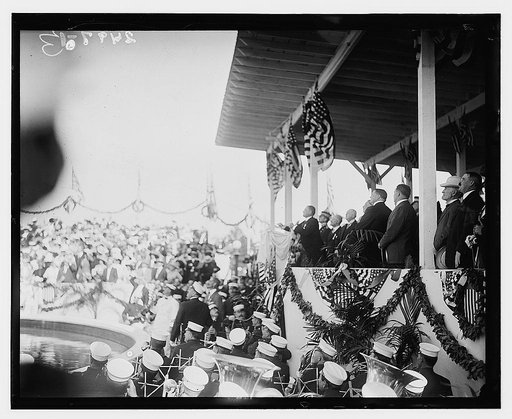 Italian Ambassador Luigi Girolamo Cusani-Confalonieri pulls the cord to unveil the Columbus Fountain at a dedication ceremony, Union Station, Washington, D.C., June  8,1912