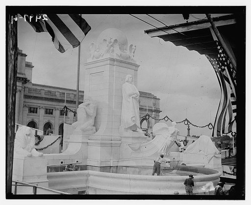 Columbus Fountain being prepared for its dedication ceremony, Union Station, Washington, D.C., which was held on June  8,1912