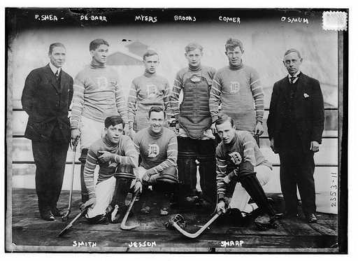 Hockey team - P. Shea, De Barr, Myers, Brooks, Comer, Osmum, Smith, Sharp, and Jesson