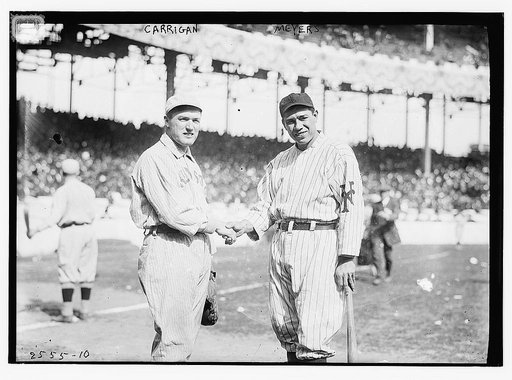 Bill Carrigan (Boston AL) & Chief Meyers (New York NL) during World Series at Polo Grounds, NY, 1912 (baseball)