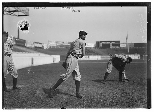 Eppa Rixey, Philadelphia NL, at left, Erskine Mayer, Philadelphia NL, at center, and unknown player at right at the Polo Grounds, New York