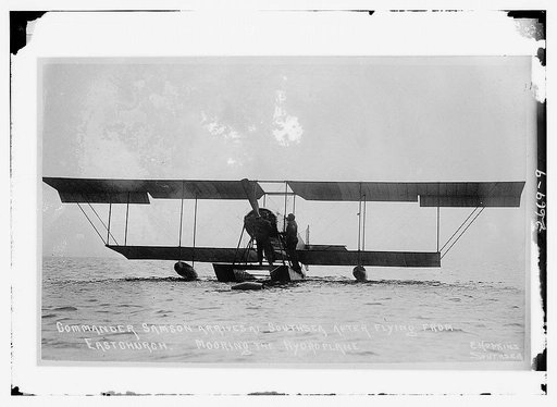 Commander Samson arrives at Southsea after flying from Eastchurch.  Mooring the hydroplane