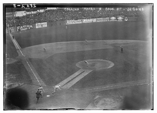 Unidentified player, New York NL, bunts against Athletics in 3rd game of 1913 World Series at Polo Grounds (baseball)