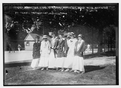 At tennis tournament, Morristown - Misses Hamilton, Crag, Stephens, Hamilton, [Gertrude] Della Torre, Hamilton and Smith