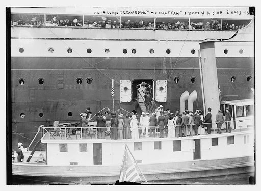 T.R. [Theodore Roosevelt] leaving, T.R. boarding "Manhattan" from H.A. [Hamburg American Line] Ship