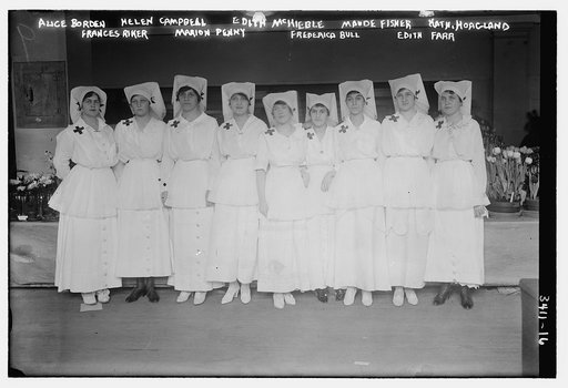 Red Cross volunteers?]  Alice Borden, Helen Campbell, Edith McHieble, Maude Fisher, Kath. Hoagland, Frances Riker, Marion Penny, Fredericka Bull, Edith Farr