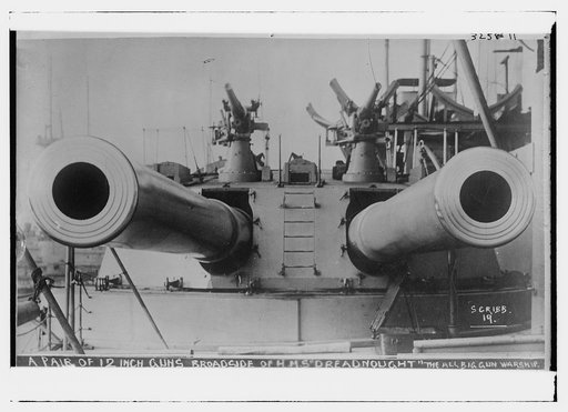 A pair of 12" guns -- Broadside of HMS DREADNOUGHT -- the all big gun warship