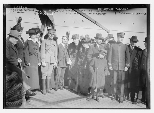 Departure of JASON:  Mrs. Chas. Saltzman, Mrs. Lawton, Major Lawton, C.O. Laughlin, Mrs. L. Wood, Mrs. W. Draper, G. McAneny, G.R. Adamson, Lt. Com. C.E. Courtney