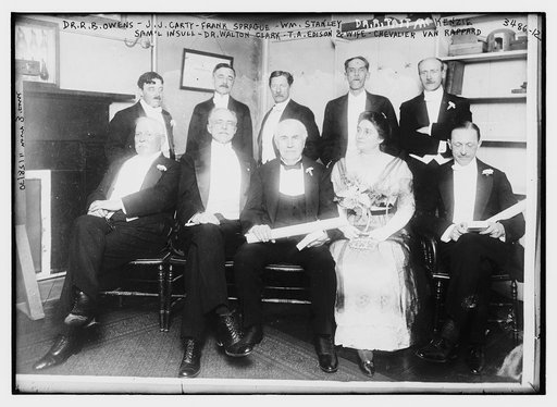 Dr. R.B. Owens, J.J. Carty, Frank Sprague, Wm. Stanley, Sam'l Insull, Dr. Walton Clark, T.A. Edison and wife, Chevalier Van Rappard, Dr. R. Tait McKenzie