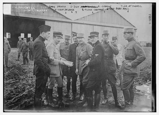 1. K. Rockwell, 2. Capt. Thenault, 3. Norman Prince, 4. Lieut. DeLaage, 5. Sgt. E, Cowdin, 6. Sgt. Bert Hall, 7. J.R. McConnell, and 8. Victor Chapman