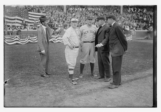 John McGraw, manager, New York NL & Wild Bill Donovan, manager, New York AL with two umpires (baseball)