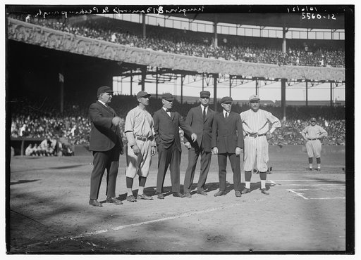 Roger Peckinpaugh, New York, AL (left), and Dave Bancroft, New York, NL (right), with umpires at Polo Grounds, World Series, 1921 (baseball)