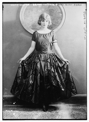 Mary Minter, brown taffeta, brown velvet ribbon