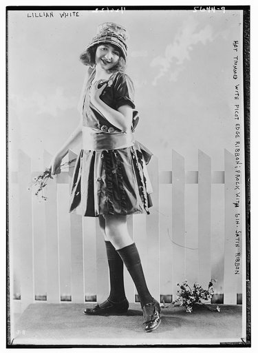Lillian White - Hat trimmed with picot edge ribbon, frock with gin. satin ribbon