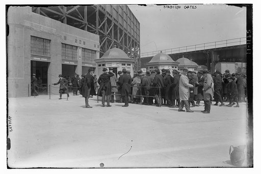 Fans at ticket booths at Yankee Stadium, right field grandstand (baseball)