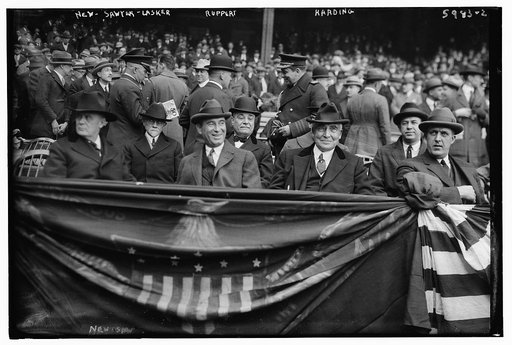 Harry New (Postmaster General), Dr. Chas. Sawyer (President's physician), Albert Lasker, Jacob Ruppert & Pres. Warren Harding at Yankee Stadium, 4/24/23 (baseball)